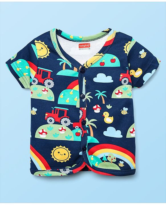 Babyhug 100% Cotton Interlock Knit Front Open Half Sleeves Vests With Stripes & Tropical Theme Print Pack Of 3 - White Red & Navy Blue