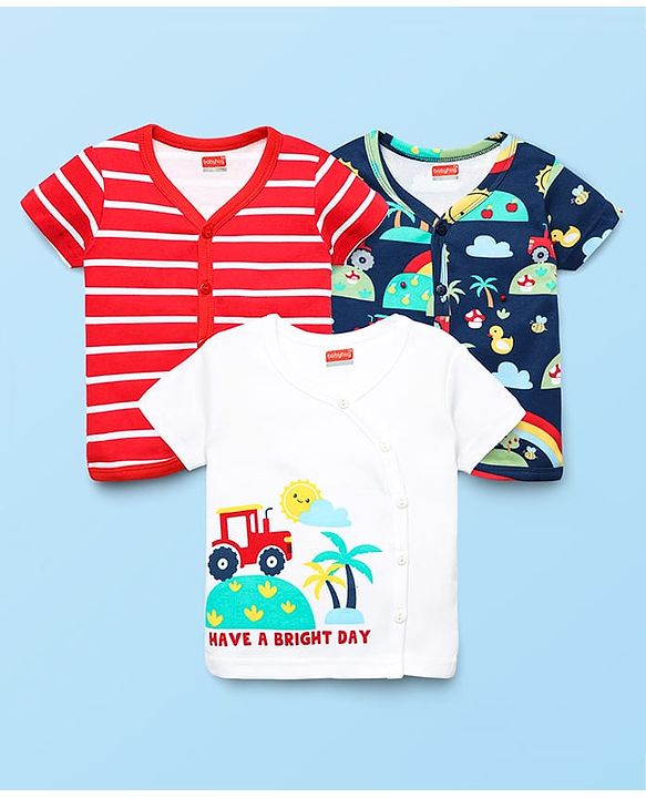 Babyhug 100% Cotton Interlock Knit Front Open Half Sleeves Vests With Stripes & Tropical Theme Print Pack Of 3 - White Red & Navy Blue