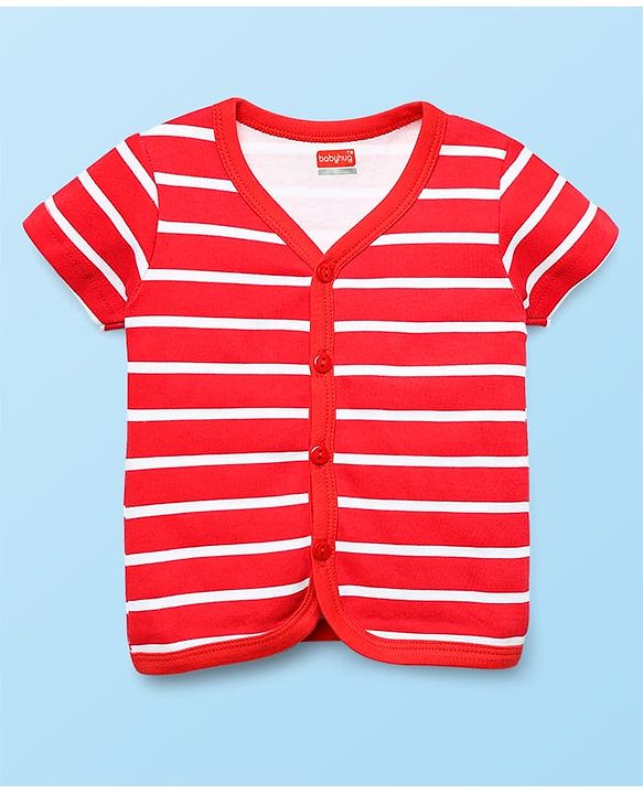 Babyhug 100% Cotton Interlock Knit Front Open Half Sleeves Vests With Stripes & Tropical Theme Print Pack Of 3 - White Red & Navy Blue