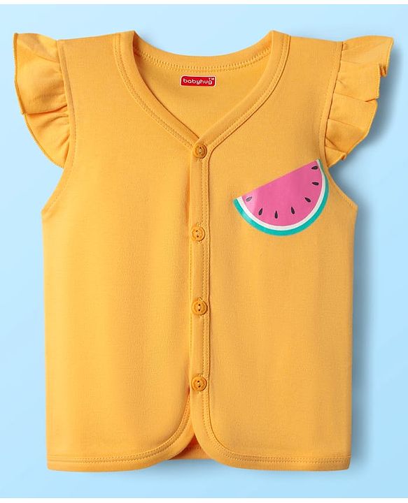 Babyhug 100% Cotton Knit Frill Sleeves Front Open jhablas with Tropical Theme & Polka Dots Print Pack of 3 - Pink Yellow & White