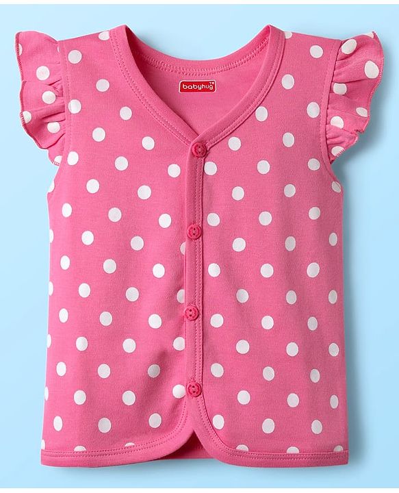 Babyhug 100% Cotton Knit Frill Sleeves Front Open jhablas with Tropical Theme & Polka Dots Print Pack of 3 - Pink Yellow & White
