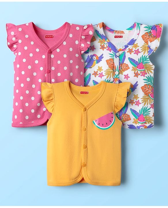 Babyhug 100% Cotton Knit Frill Sleeves Front Open jhablas with Tropical Theme & Polka Dots Print Pack of 3 - Pink Yellow & White