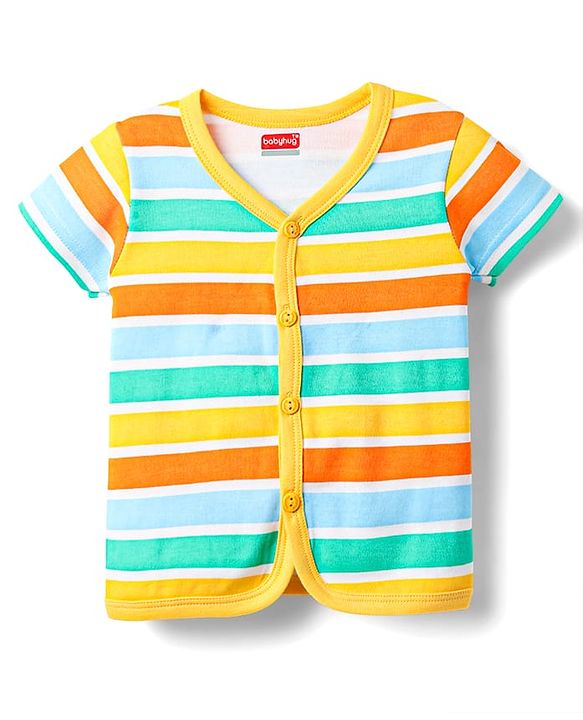 Babyhug 100% Cotton Knit Half Sleeves Striped & Animal Printed Front Open jhablas Pack of 3 - Yellow & White
