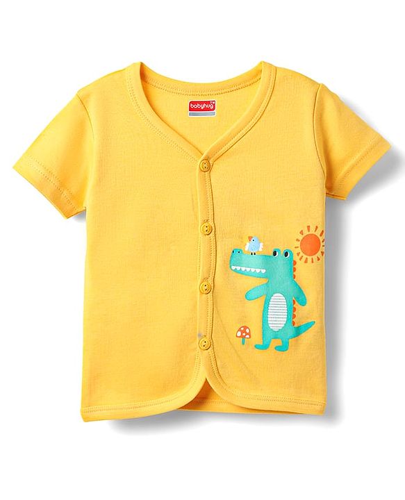 Babyhug 100% Cotton Knit Half Sleeves Striped & Animal Printed Front Open jhablas Pack of 3 - Yellow & White