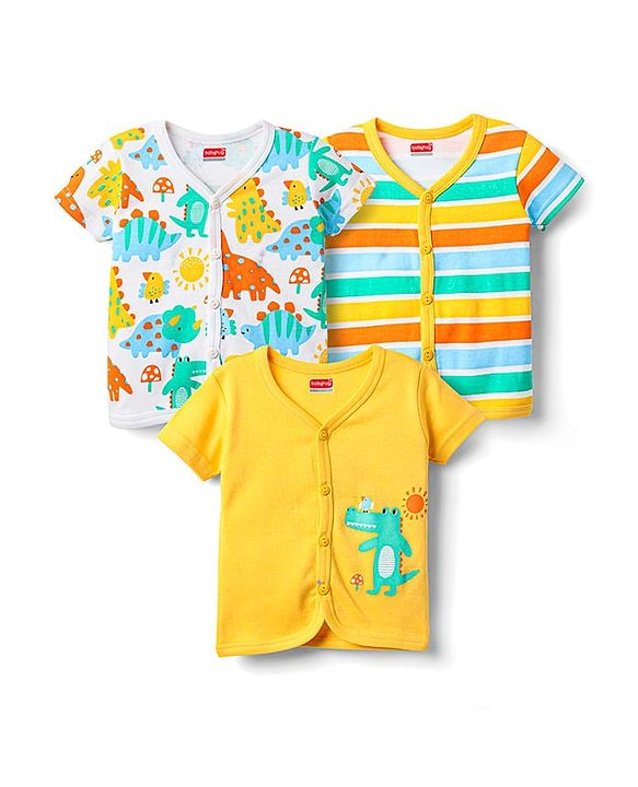 Babyhug 100% Cotton Knit Half Sleeves Striped & Animal Printed Front Open jhablas Pack of 3 - Yellow & White