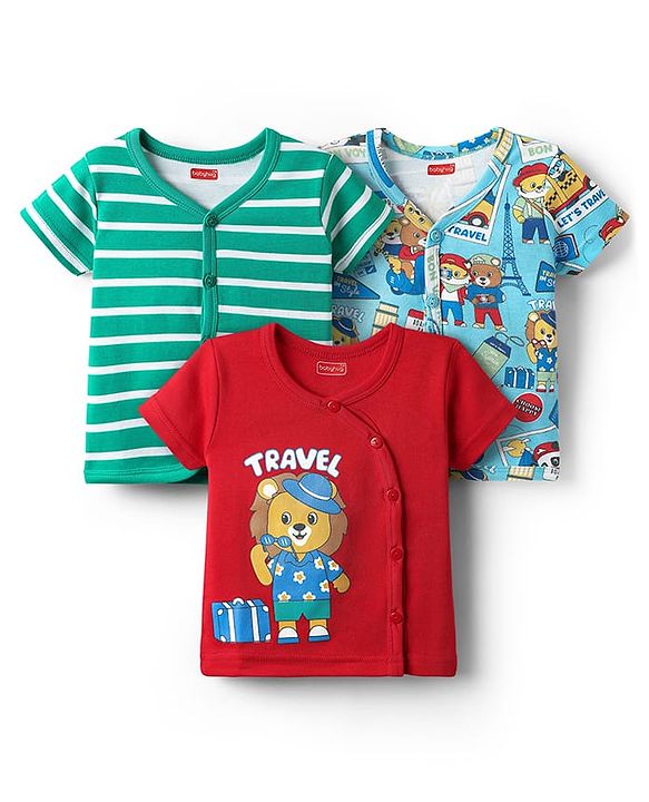 Babyhug 100% Cotton Front Open Half Sleeves Striped & Animal Printed Jhablas Pack Of 3 - Red Green & Light Blue