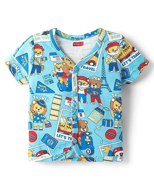 Babyhug 100% Cotton Front Open Half Sleeves Striped & Animal Printed Jhablas Pack Of 3 - Red Green & Light Blue