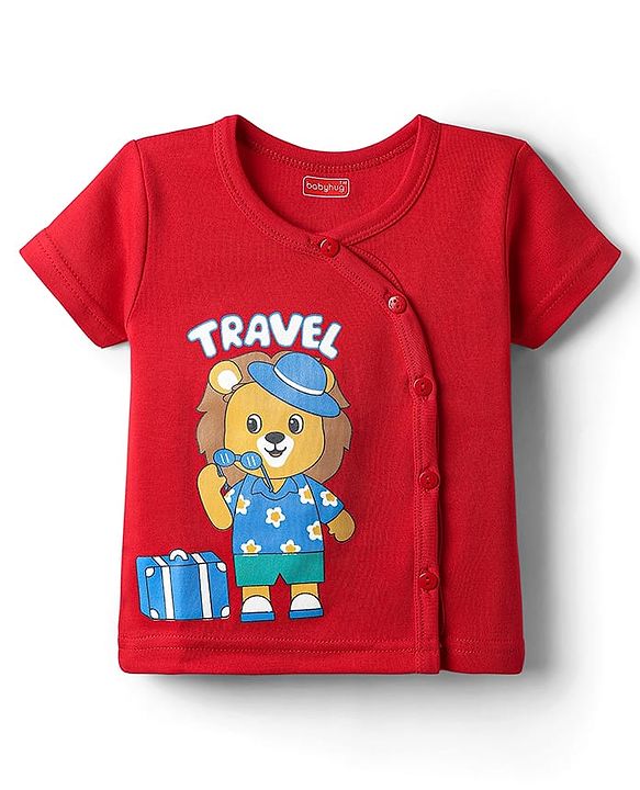 Babyhug 100% Cotton Front Open Half Sleeves Striped & Animal Printed Jhablas Pack Of 3 - Red Green & Light Blue