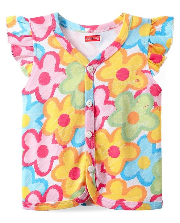 Babyhug 100% Cotton Front Open Frill Sleeves Floral & Hearts Printed jhabla Pack Of 3 - Dark Pink Yellow & Light Blue