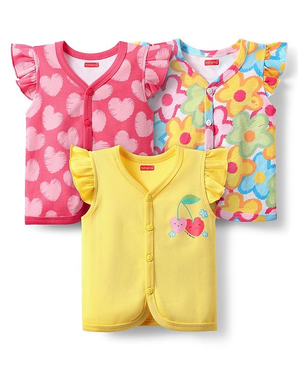 Babyhug 100% Cotton Front Open Frill Sleeves Floral & Hearts Printed jhabla Pack Of 3 - Dark Pink Yellow & Light Blue