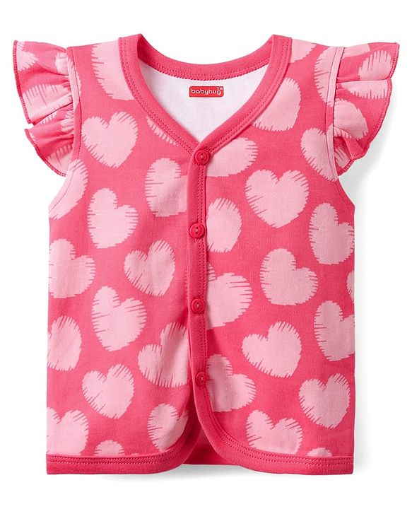 Babyhug 100% Cotton Front Open Frill Sleeves Floral & Hearts Printed jhabla Pack Of 3 - Dark Pink Yellow & Light Blue