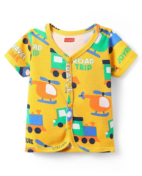 Babyhug 100% Cotton Front Open Half Sleeves jhabla With Vehicles Print & Stripes Pack Of 3 - Blue Orange & Yellow