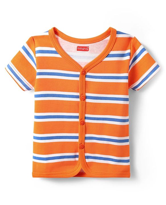 Babyhug 100% Cotton Front Open Half Sleeves jhabla With Vehicles Print & Stripes Pack Of 3 - Blue Orange & Yellow