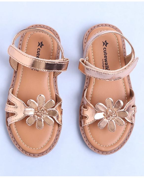 Cute Walk by Babyhug Velcro Closure Sandals with Floral Applique - Rose Gold