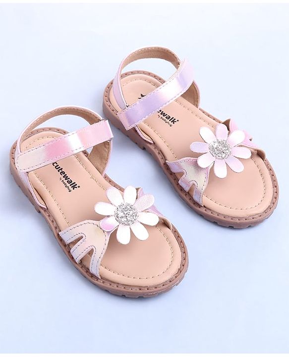 Cute Walk by Babyhug Velcro Closure Sandals with Floral Applique - Rose Gold