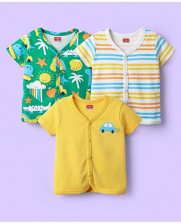 Babyhug 100% Cotton Front Open Half Sleeves Striped & Nature Printed Jhablas Pack Of 3 - Yellow Green & Light Blue