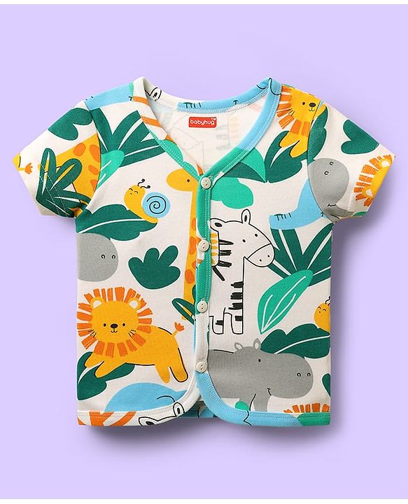 Babyhug 100% Cotton Antibacterial Half Sleeves Front Open jhabla With Stripes & Animal Print Pack Of 3 - Yellow & White