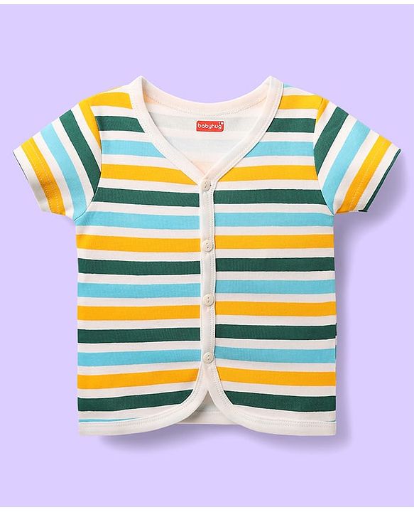 Babyhug 100% Cotton Antibacterial Half Sleeves Front Open jhabla With Stripes & Animal Print Pack Of 3 - Yellow & White