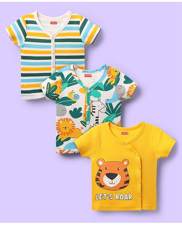 Babyhug 100% Cotton Antibacterial Half Sleeves Front Open jhabla With Stripes & Animal Print Pack Of 3 - Yellow & White