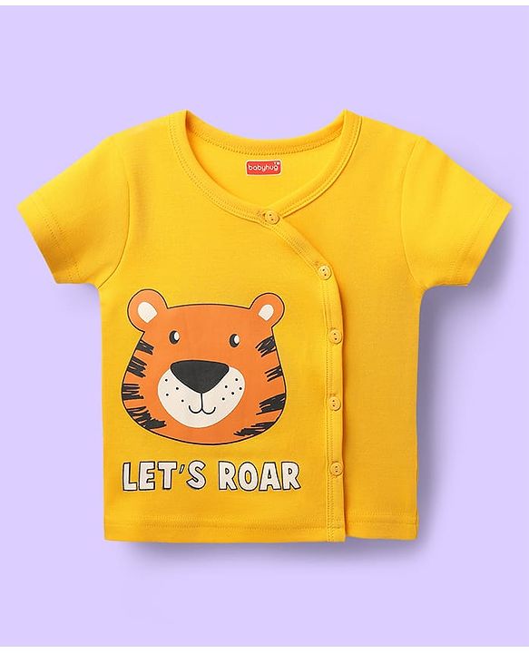 Babyhug 100% Cotton Antibacterial Half Sleeves Front Open jhabla With Stripes & Animal Print Pack Of 3 - Yellow & White