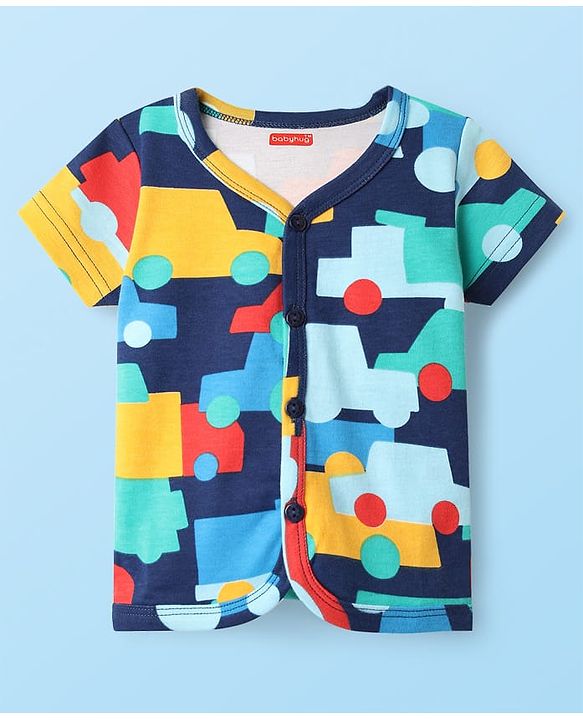 Babyhug 100% Cotton Front Open Half Sleeves jhabla With Vehicles Print & Stripes Pack Of 3 - Red Navy Blue & White