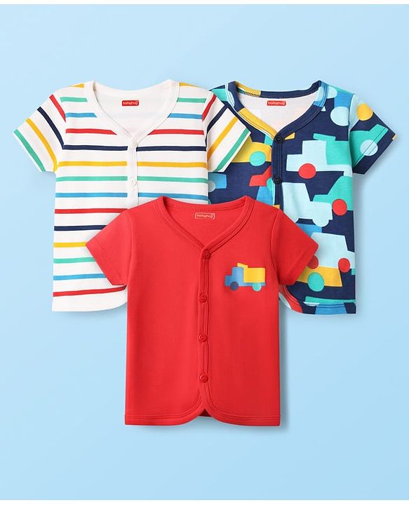 Babyhug 100% Cotton Front Open Half Sleeves jhabla With Vehicles Print & Stripes Pack Of 3 - Red Navy Blue & White
