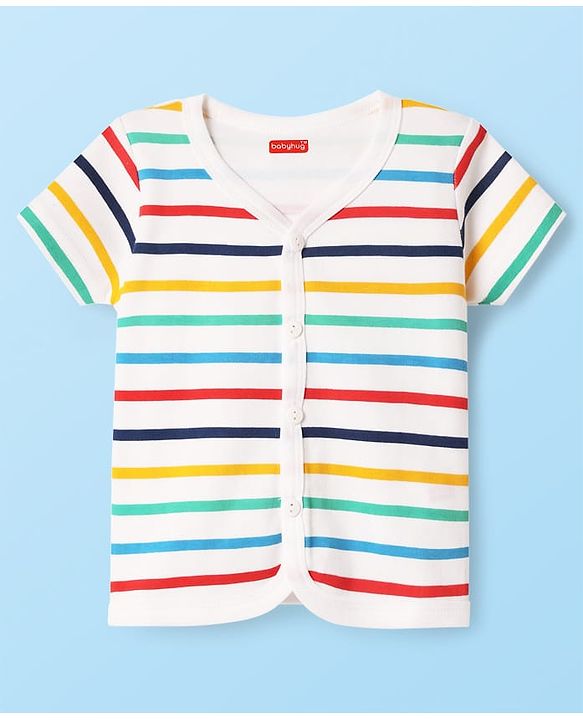 Babyhug 100% Cotton Front Open Half Sleeves jhabla With Vehicles Print & Stripes Pack Of 3 - Red Navy Blue & White
