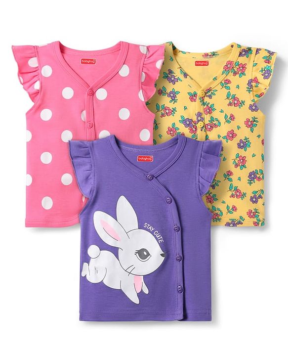 Babyhug 100% Cotton Interlock Knit Frill Sleeves Front Open Vest With Polka Dots & Floral Print Pack Of 3 - Purple Yellow & Pink