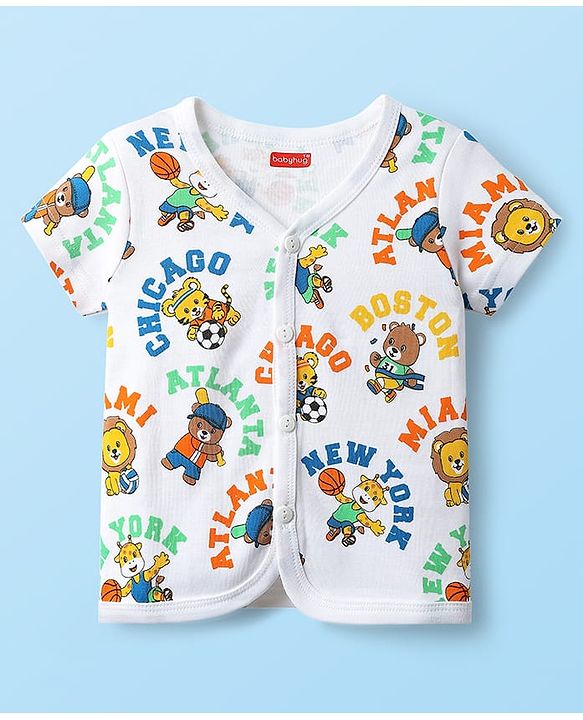 Babyhug 100% Cotton Interlock Knit Front Open Half Sleeves jhablas With Stripes & Animal Print Pack Of 3 - Blue Orange & White