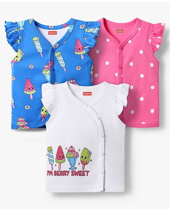 Babyhug 100% Cotton Interlock Knit Front Open Vests With Polka Dot & Ice Cream Print Pack Of 3 - White Blue & Pink