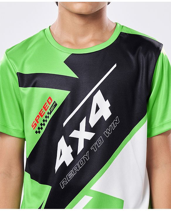 Pine Active Knit Half Sleeves Printed T-Shirt - Green & Black