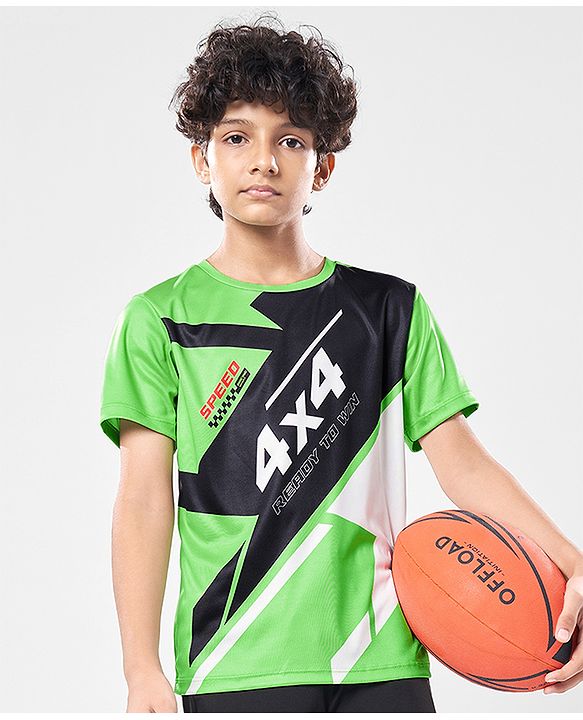 Pine Active Knit Half Sleeves Printed T-Shirt - Green & Black