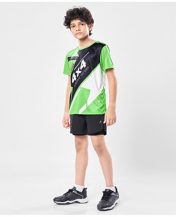 Pine Active Knit Half Sleeves Printed T-Shirt - Green & Black