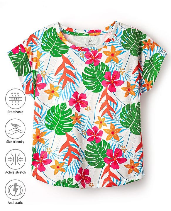 Pine Active Half Sleeves T-Shirt With Floral Print - White