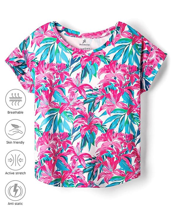 Pine Active Half Sleeves T-Shirt With Floral Print - Pink
