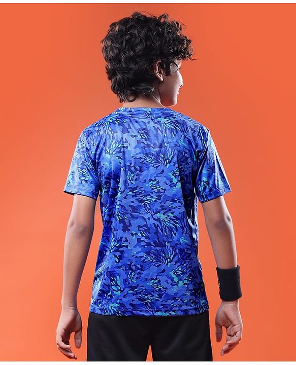 Pine Active Knit Half Sleeves Drop Shoulder T-Shirt with Abstract Print - Blue