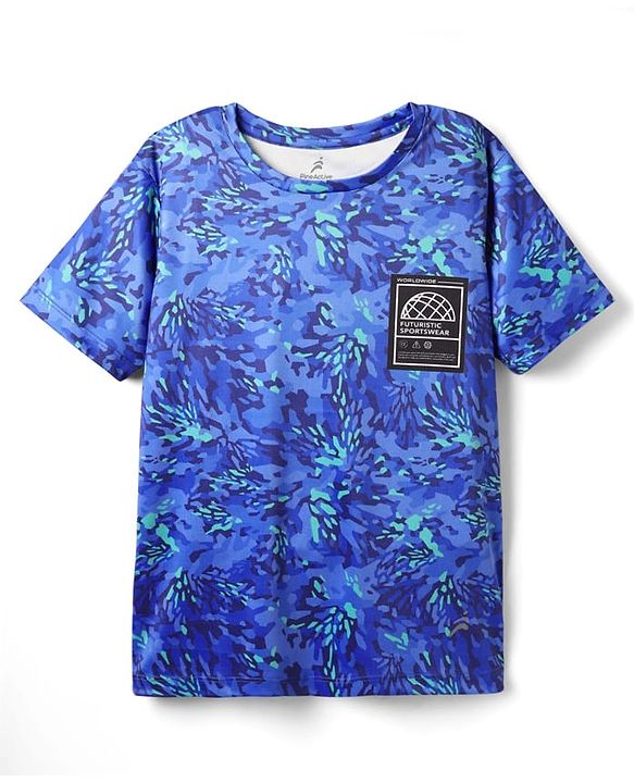 Pine Active Knit Half Sleeves Drop Shoulder T-Shirt with Abstract Print - Blue