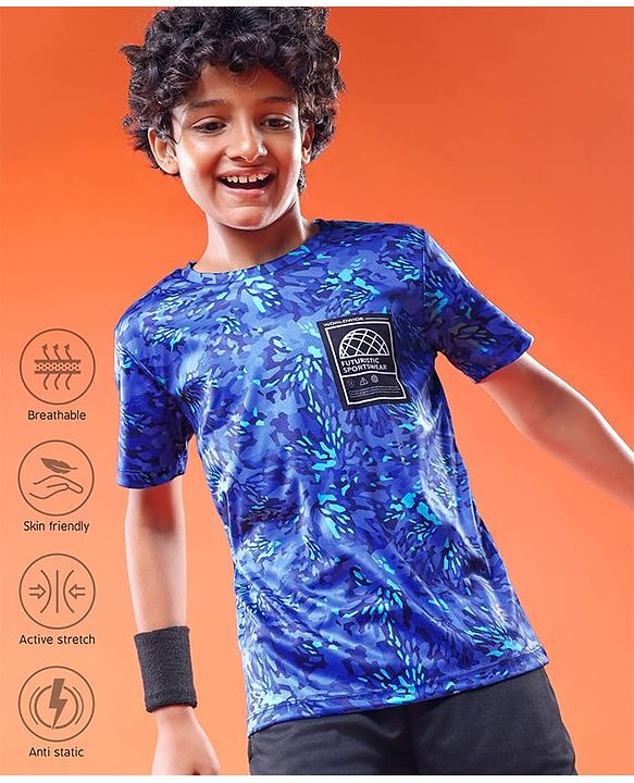 Pine Active Knit Half Sleeves Drop Shoulder T-Shirt with Abstract Print - Blue