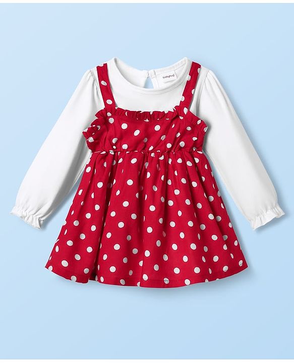 Babyhug Cotton Woven Full Sleeves Frock With Polka Dot Print - Red & White
