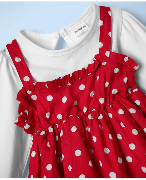 Babyhug Cotton Woven Full Sleeves Frock With Polka Dot Print - Red & White