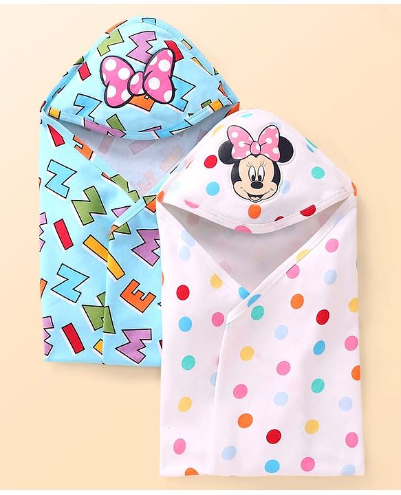 Babyhug Disney 100% Cotton Hooded Towels With Minnie Mouse & Family Graphics   L 79 x B 80 cm Pack Of 2 -Turquoise & White