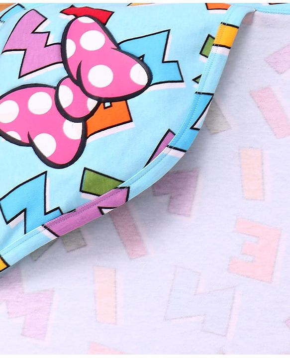 Babyhug Disney 100% Cotton Hooded Towels With Minnie Mouse & Family Graphics   L 79 x B 80 cm Pack Of 2 -Turquoise & White