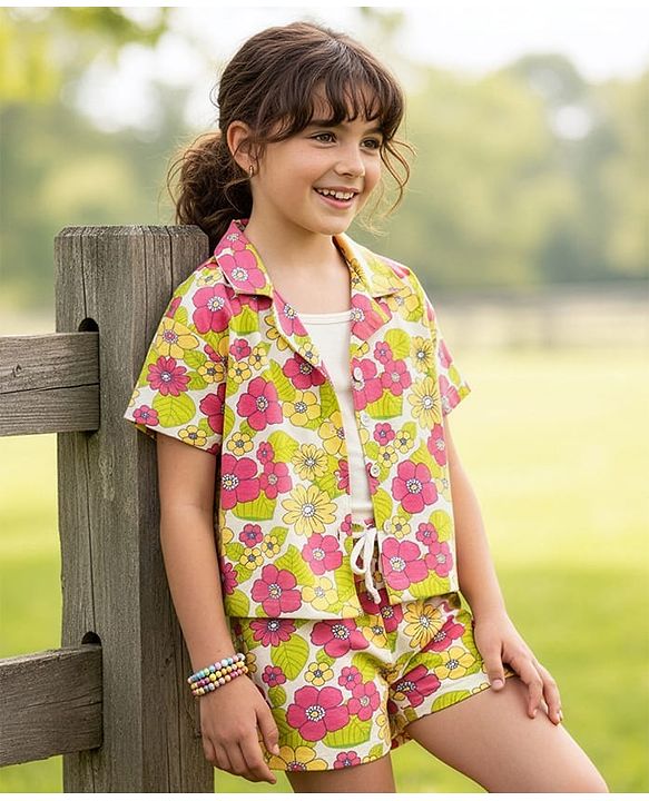 Pine Kids Single Jersey Knit Half Sleeves Top & Shorts Set With Floral Print & Inner Top - Light Green