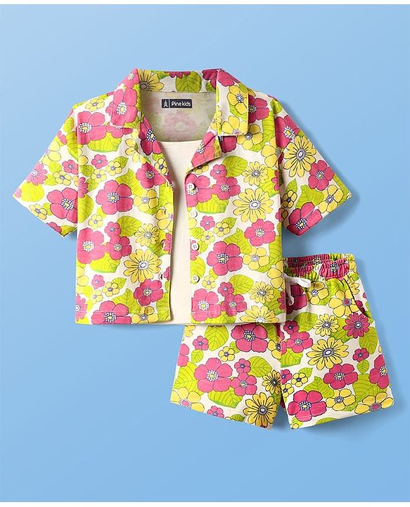 Pine Kids Single Jersey Knit Half Sleeves Top & Shorts Set With Floral Print & Inner Top - Light Green