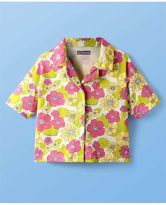 Pine Kids Single Jersey Knit Half Sleeves Top & Shorts Set With Floral Print & Inner Top - Light Green