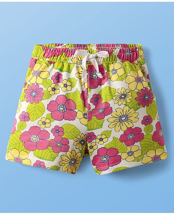 Pine Kids Single Jersey Knit Half Sleeves Top & Shorts Set With Floral Print & Inner Top - Light Green