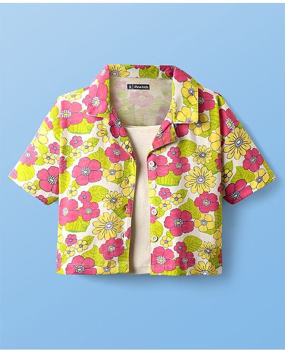 Pine Kids Single Jersey Knit Half Sleeves Top & Shorts Set With Floral Print & Inner Top - Light Green