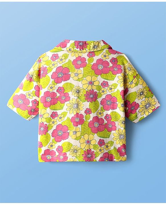 Pine Kids Single Jersey Knit Half Sleeves Top & Shorts Set With Floral Print & Inner Top - Light Green