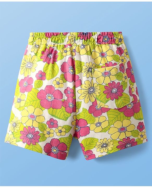 Pine Kids Single Jersey Knit Half Sleeves Top & Shorts Set With Floral Print & Inner Top - Light Green