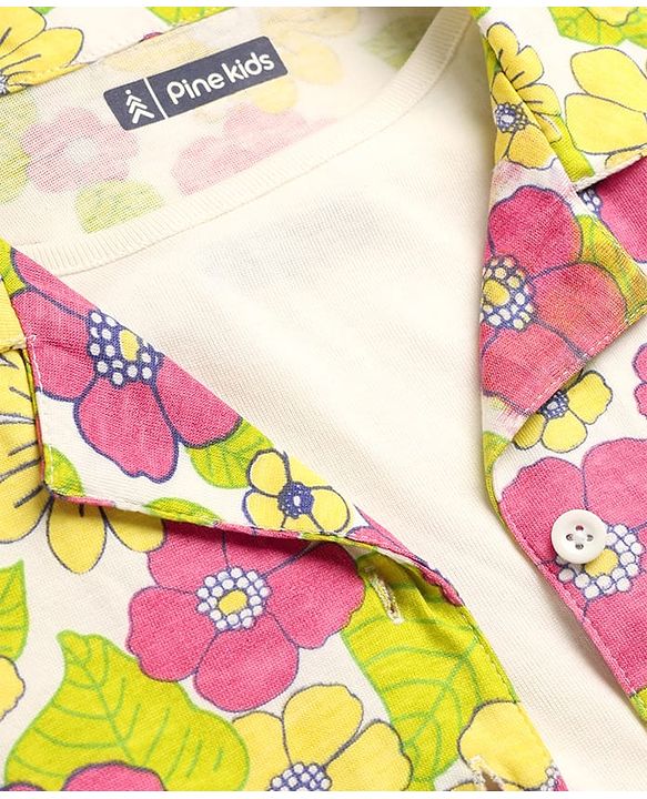 Pine Kids Single Jersey Knit Half Sleeves Top & Shorts Set With Floral Print & Inner Top - Light Green